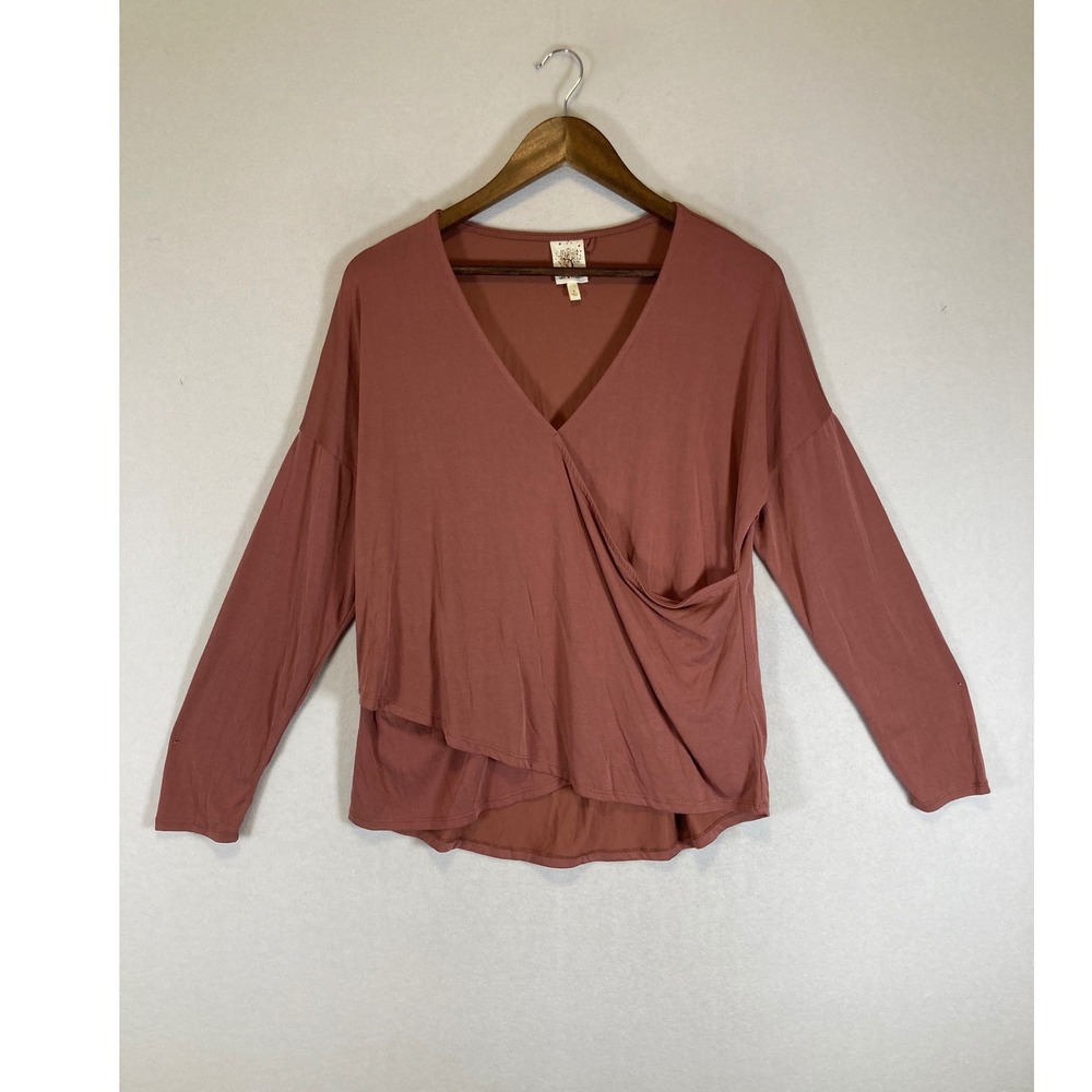 Boho Self Esteem Womens Large Terracotta Faux Wrap Long Sleeve Modal Top
